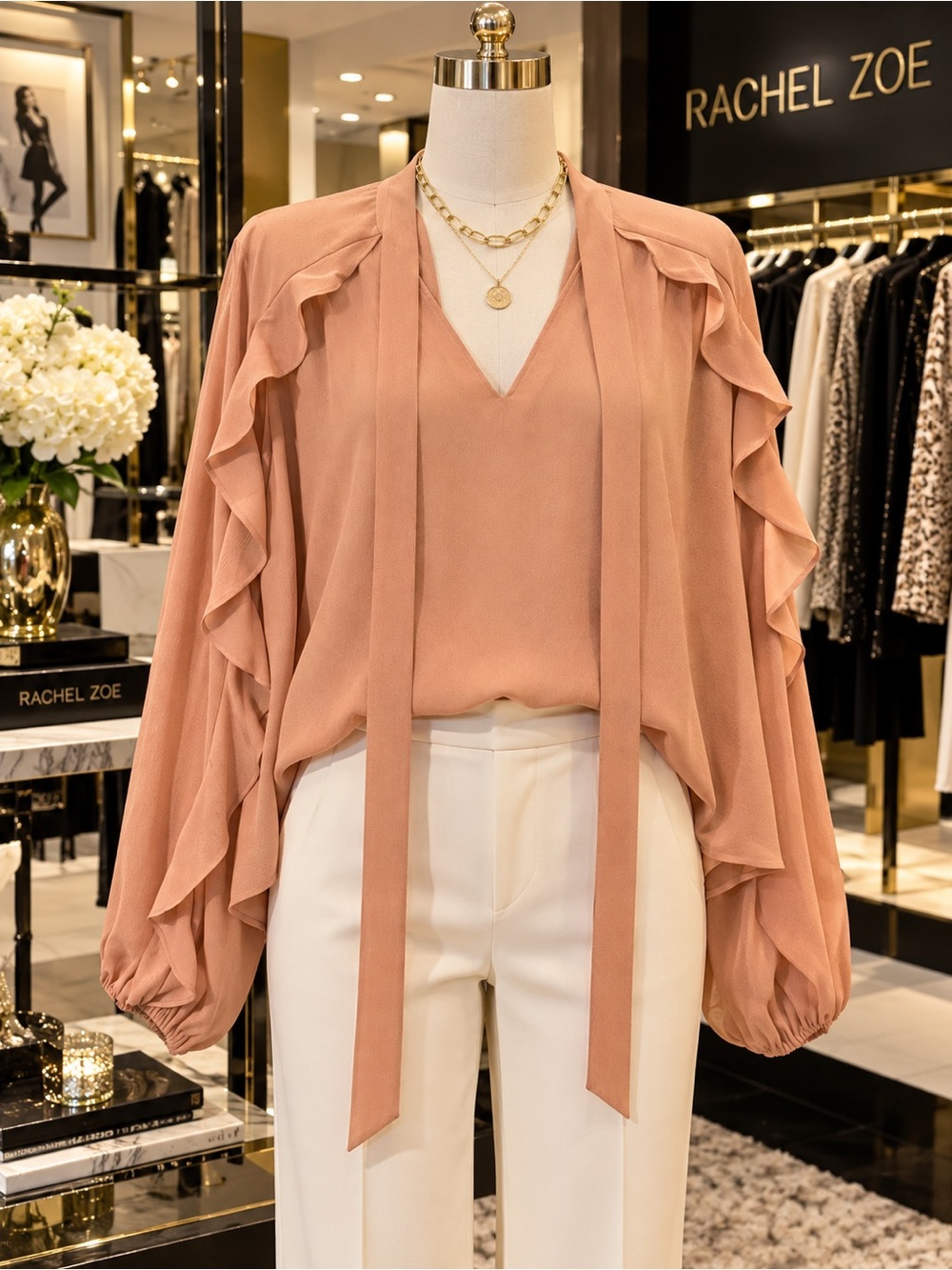 Rachel Zoe Taupe Ruffled Tie-Neck Blouse